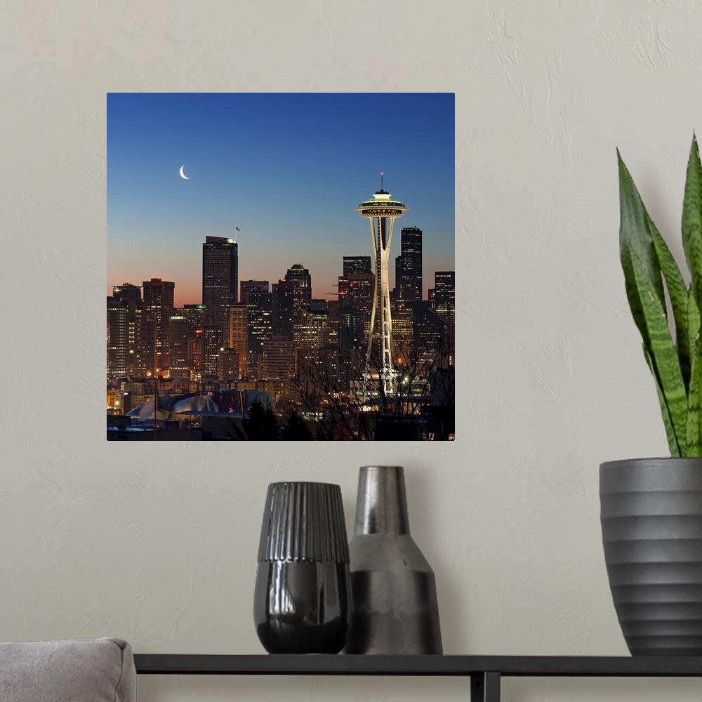 A modern room featuring This photograph taken at twilight shows the glowing city skyline available as square shaped wall ...