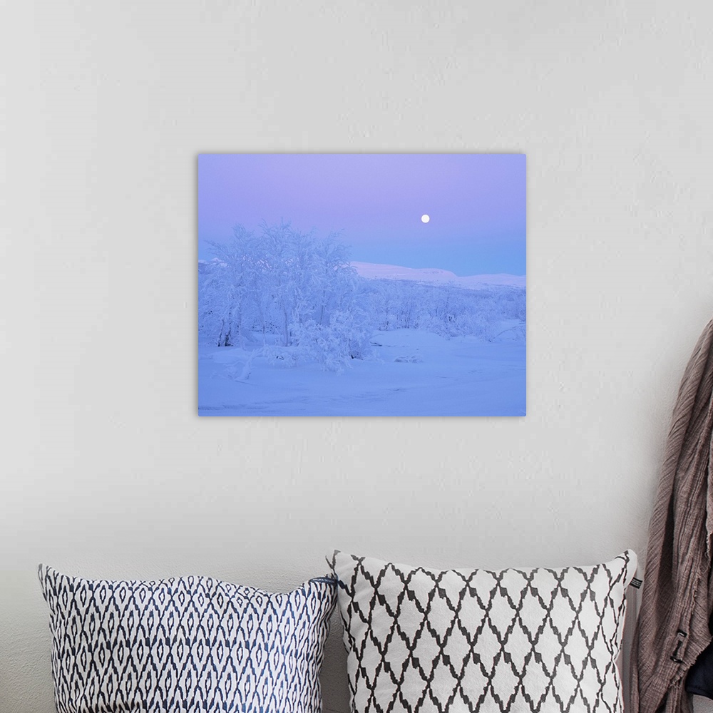 A bohemian room featuring Moonlight over a winter landscape.