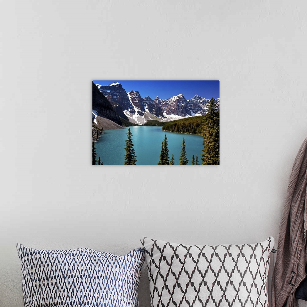 A bohemian room featuring Moraine Lake nestled in Valley of Ten Peaks, Banff National Park, Alberta, Canada.
