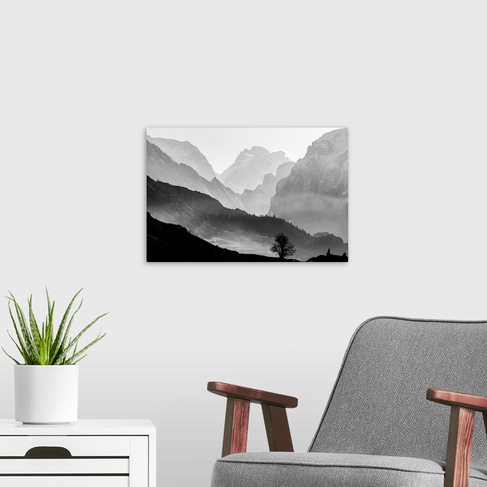 A modern room featuring Morning In Foggy Mountains