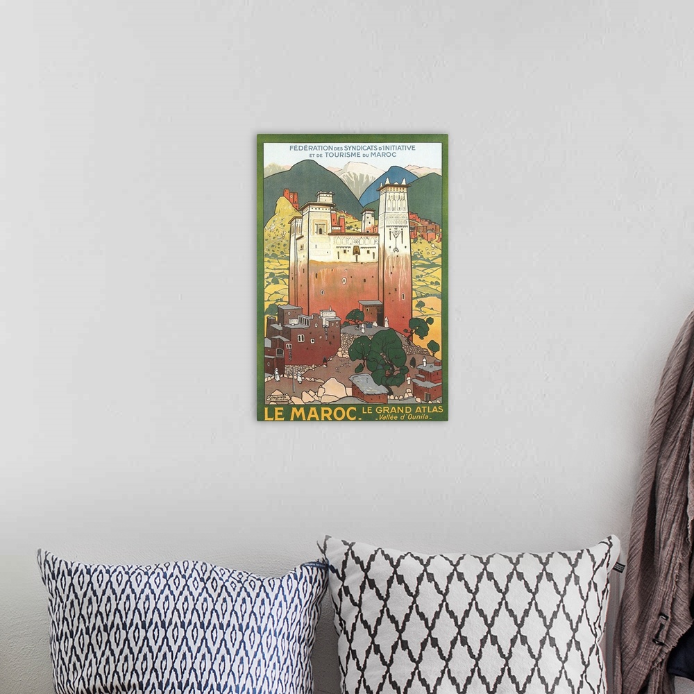 A bohemian room featuring Morocco Travel Poster