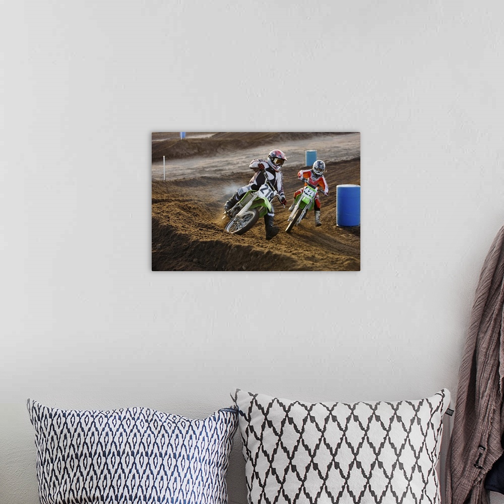 A bohemian room featuring Motorcross riders racing on track
