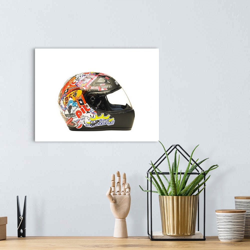 A bohemian room featuring Motorcycle helmet on white background