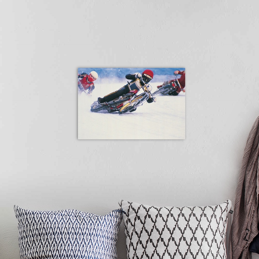 A bohemian room featuring Motorcycle racers on snow