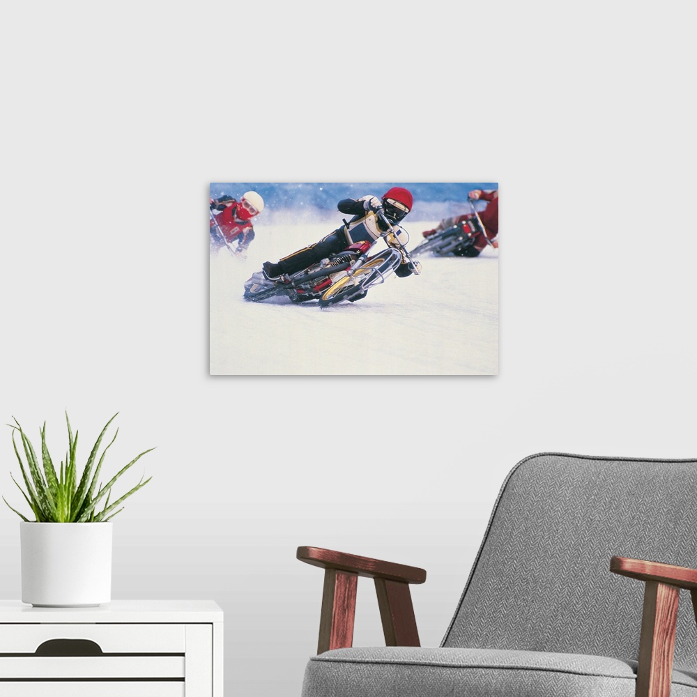 A modern room featuring Motorcycle racers on snow