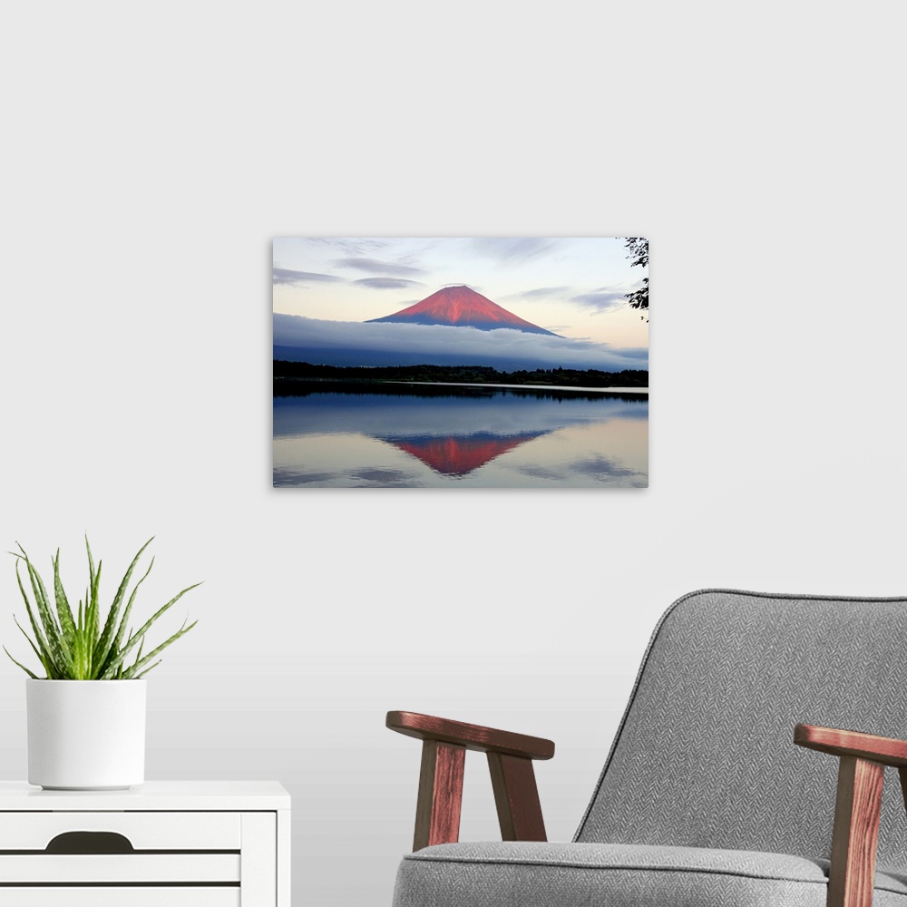 A modern room featuring Mount Fuji at sunset, Japan.