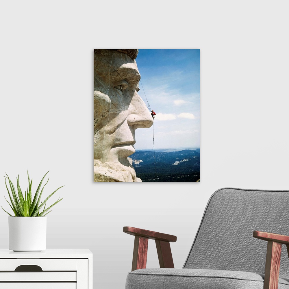 A modern room featuring Tourists Never See Mount Rushmore from the Top. Looking more like a pesky fly than a repairman, M...