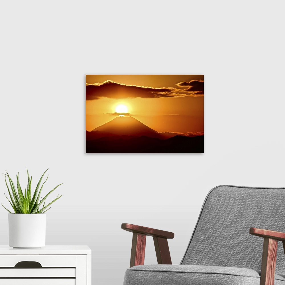 A modern room featuring Mt.Fuji with sunset and clouds, Hachiohji, Tokyo.