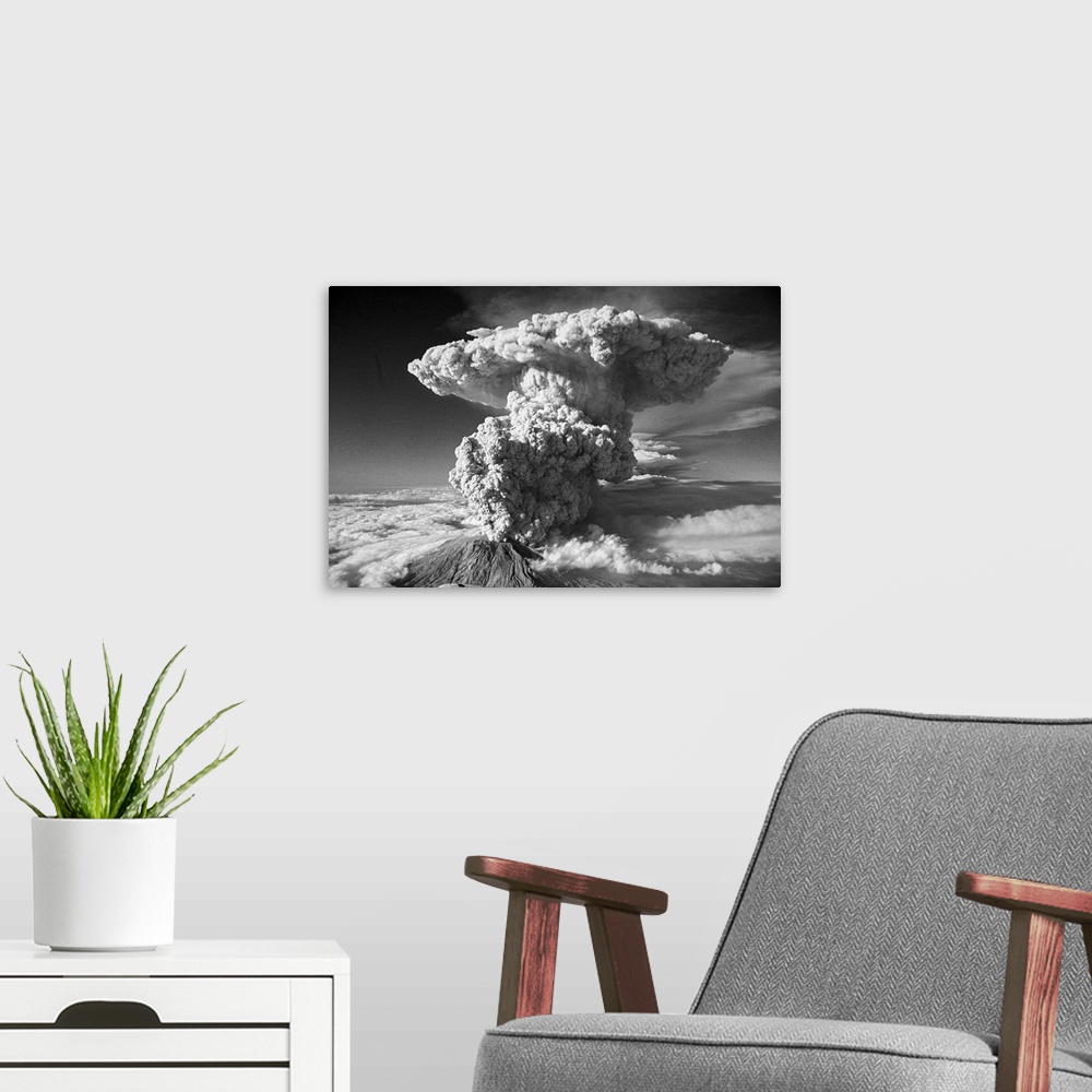 A modern room featuring 7/23/1980-Spirit Lake, WA- Looking more like a smoke cloud from an A-bomb blast than steam and as...