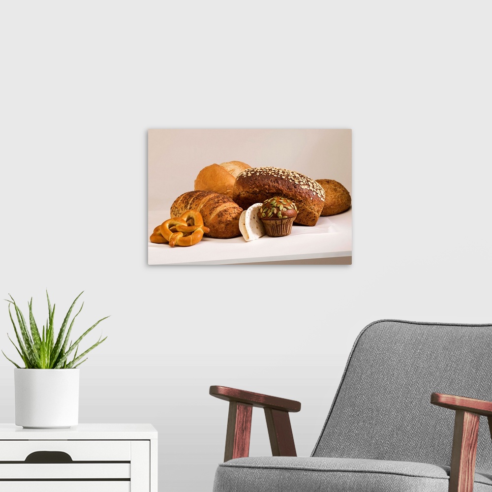 A modern room featuring Muffins and dinner rolls