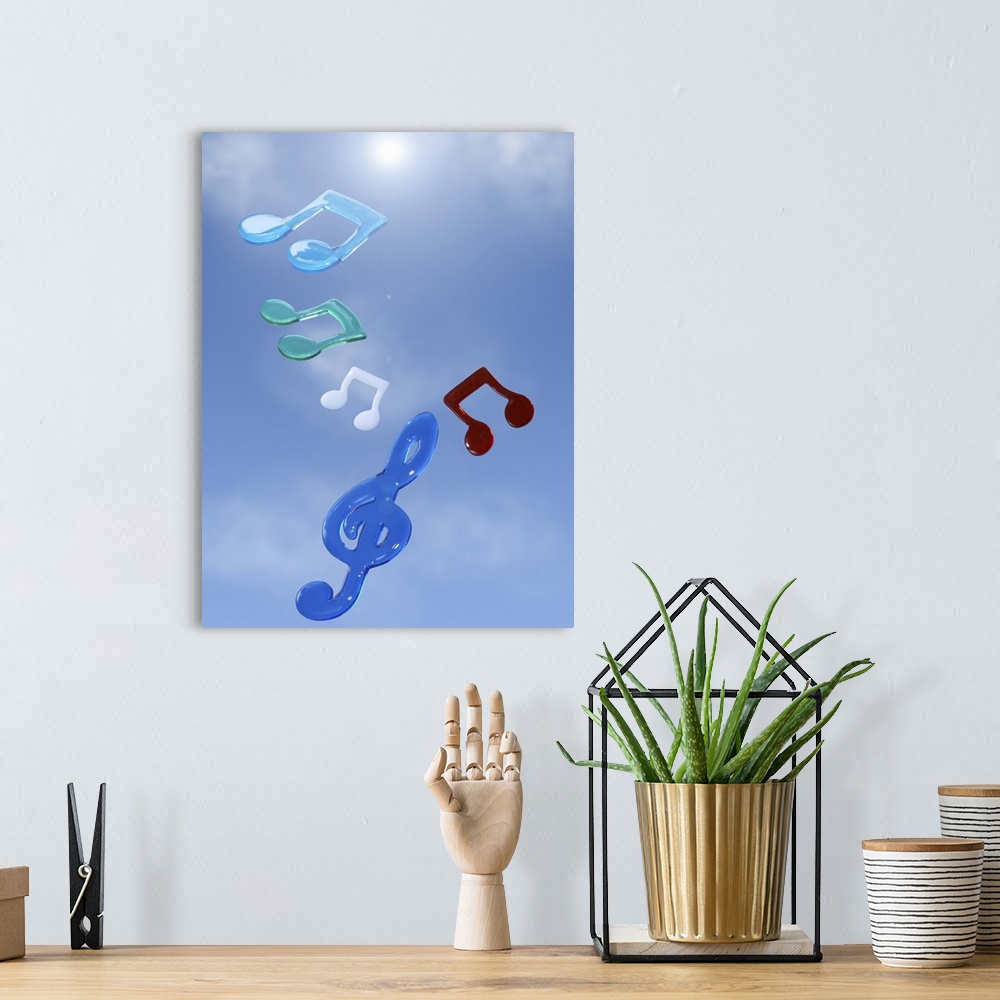 A bohemian room featuring Musical notes floating in blue sky