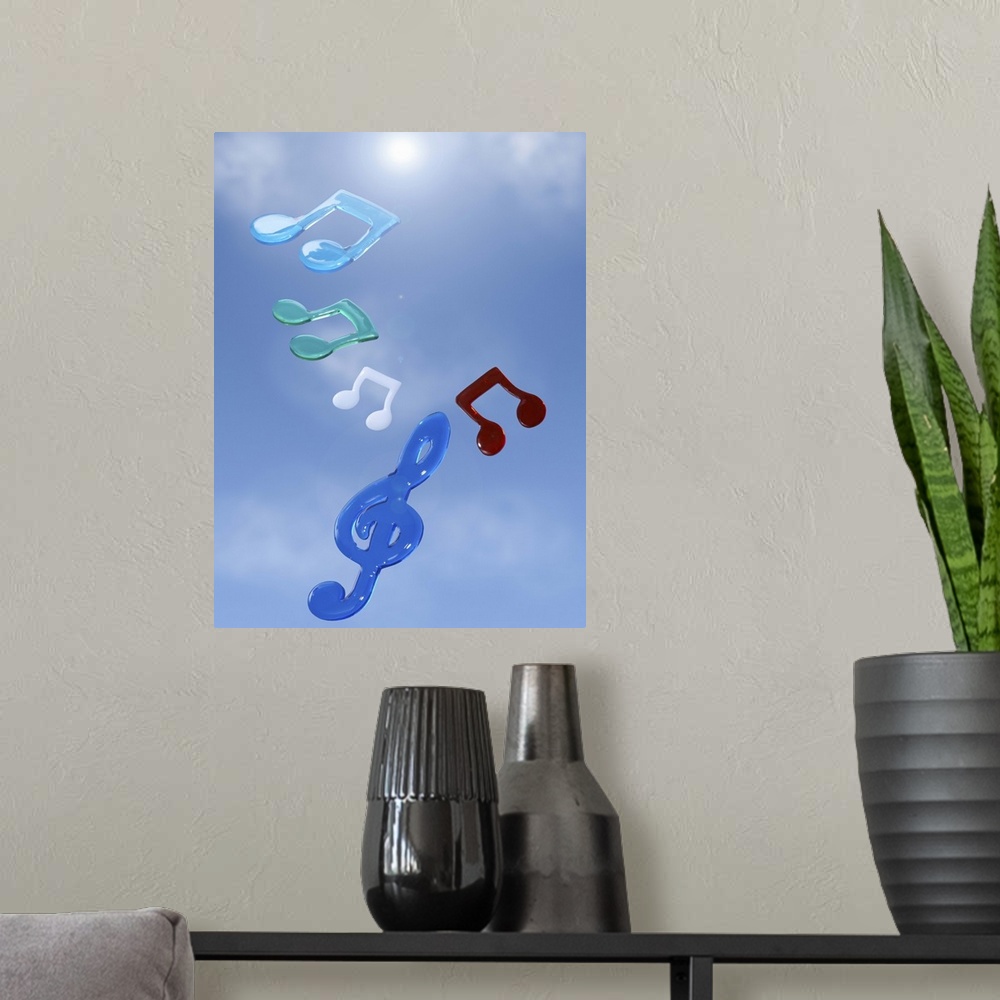 A modern room featuring Musical notes floating in blue sky