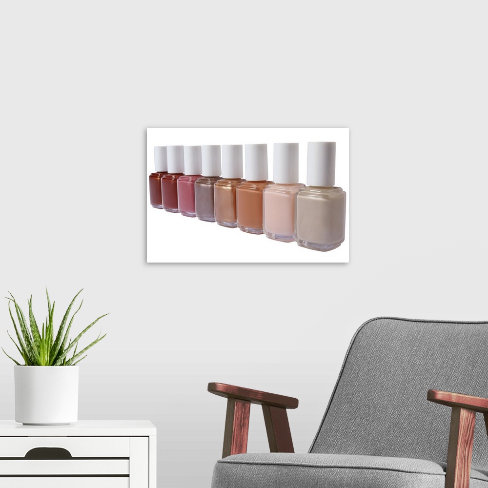 A modern room featuring Nail polish bottles in row