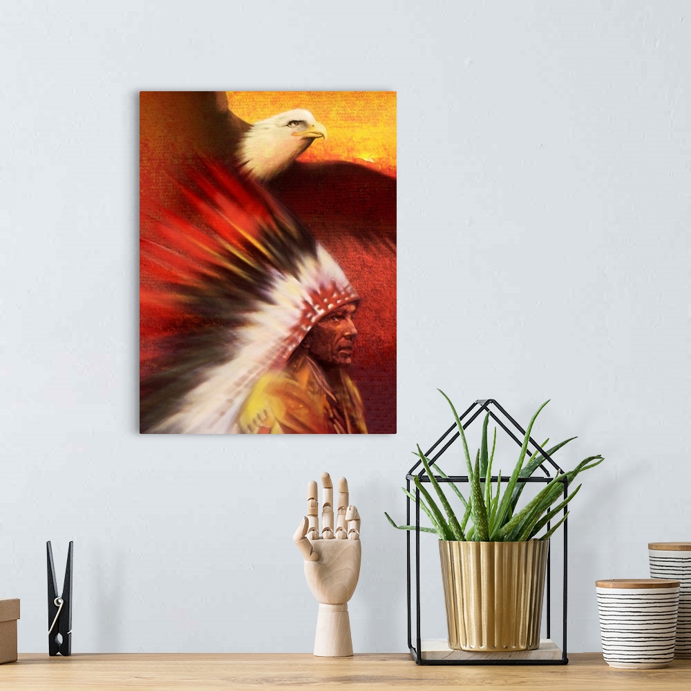 A bohemian room featuring Native American man with Bald Eagle