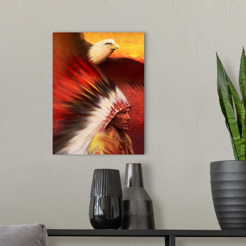 A modern room featuring Native American man with Bald Eagle
