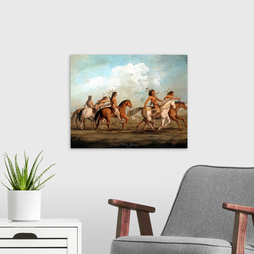 A modern room featuring Native Americans on horseback. Painting by George Catlin (1794-1872) (American School), 19th cent...