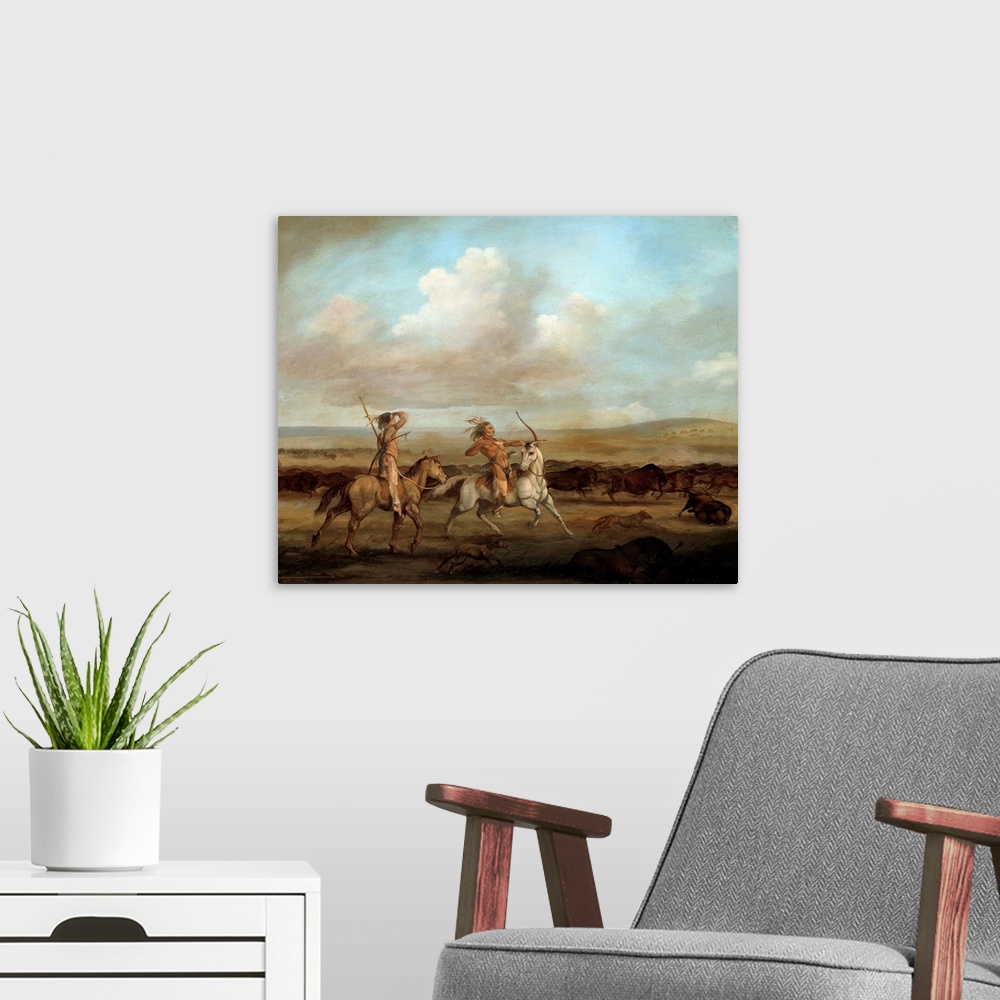 A modern room featuring Native Americans on horseback hunting bison. Painting by George Catlin (1794-1872), 19th century....