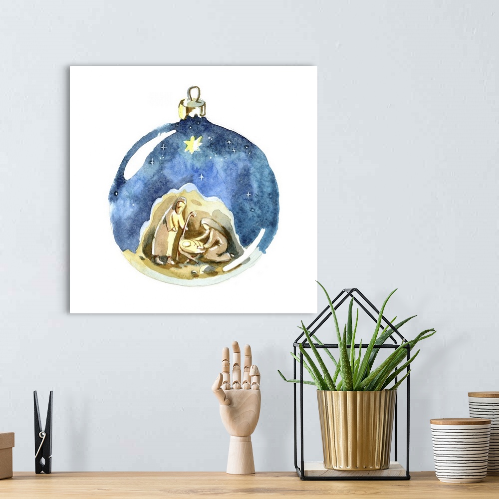A bohemian room featuring Watercolor Christmas ball decoration featuring the Holy family, Joseph, Mary, and newborn Jesus.