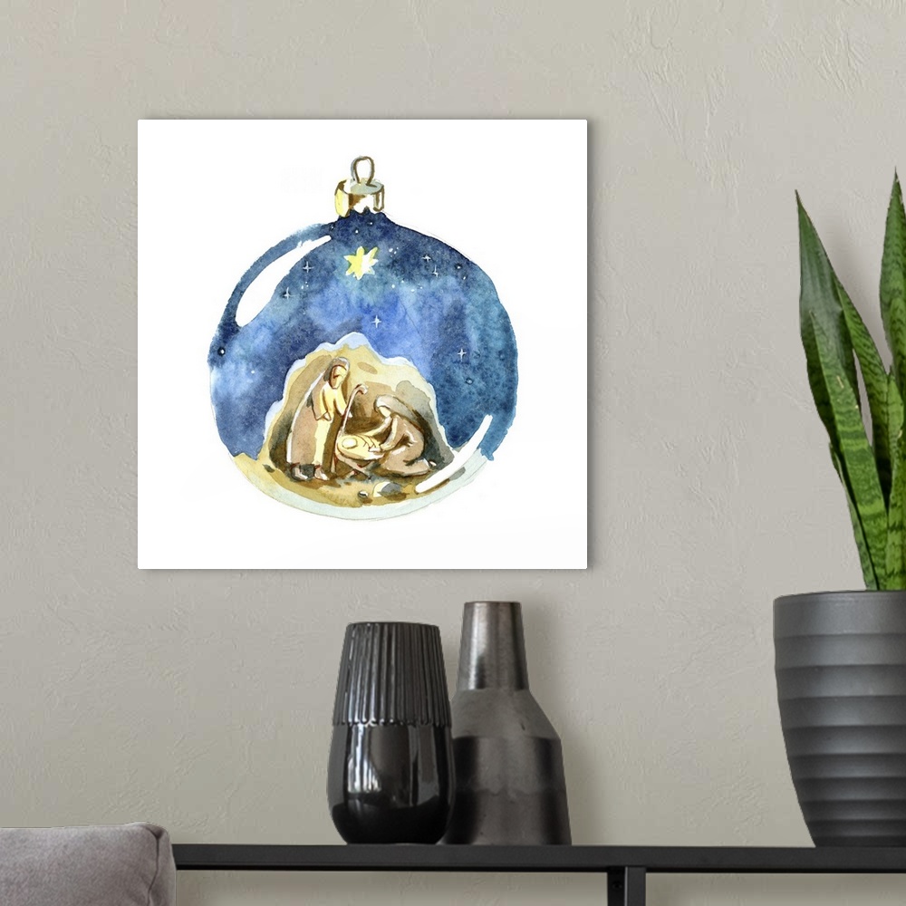 A modern room featuring Watercolor Christmas ball decoration featuring the Holy family, Joseph, Mary, and newborn Jesus.