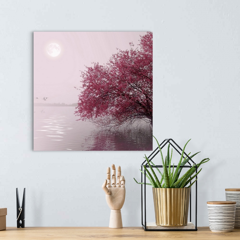 A bohemian room featuring Nature and landscape. Red tree on a lake. Moon in the distance.