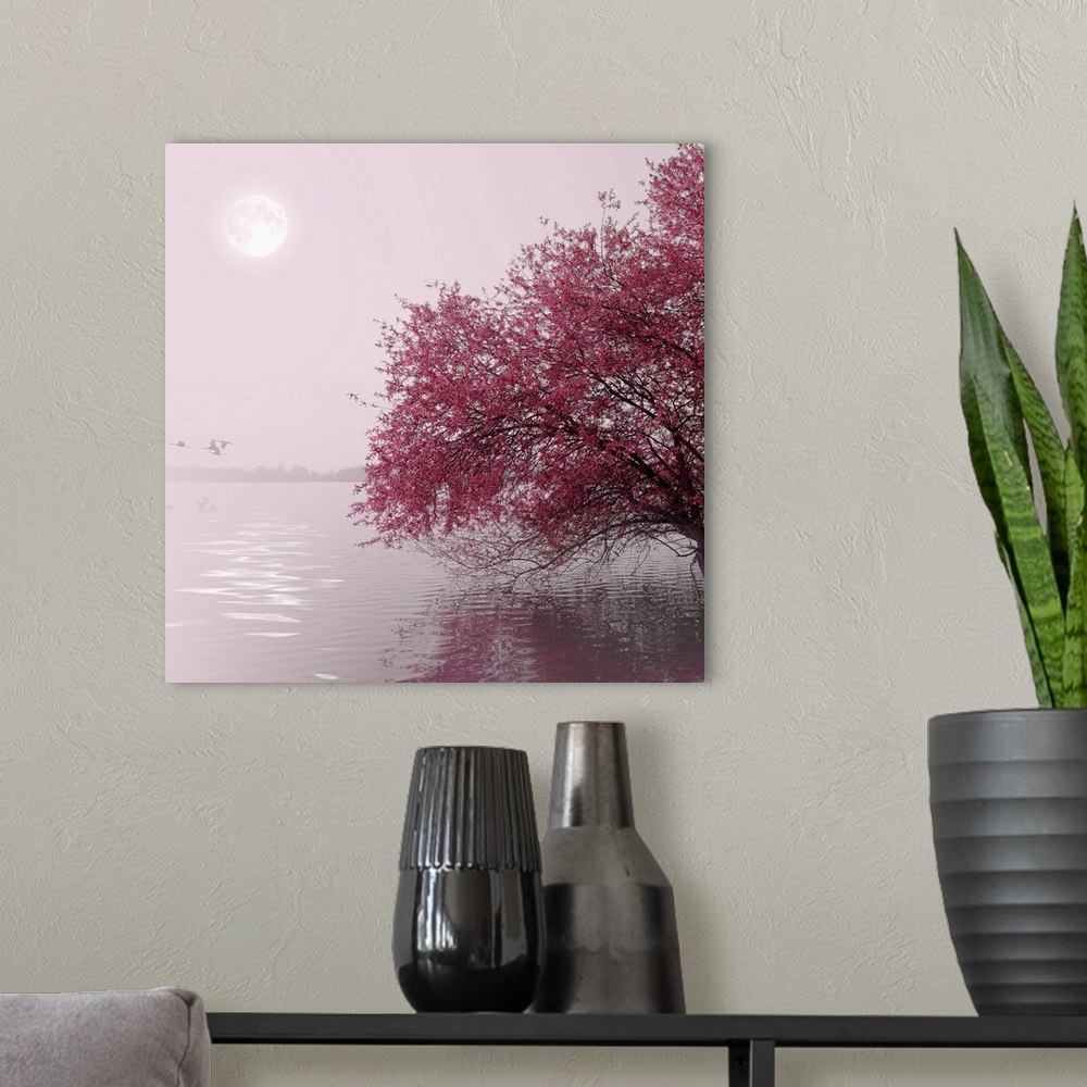 A modern room featuring Nature and landscape. Red tree on a lake. Moon in the distance.