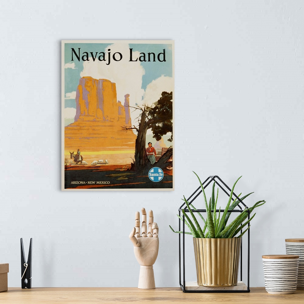 A bohemian room featuring Navajo Land Santa Fe Railway Poster