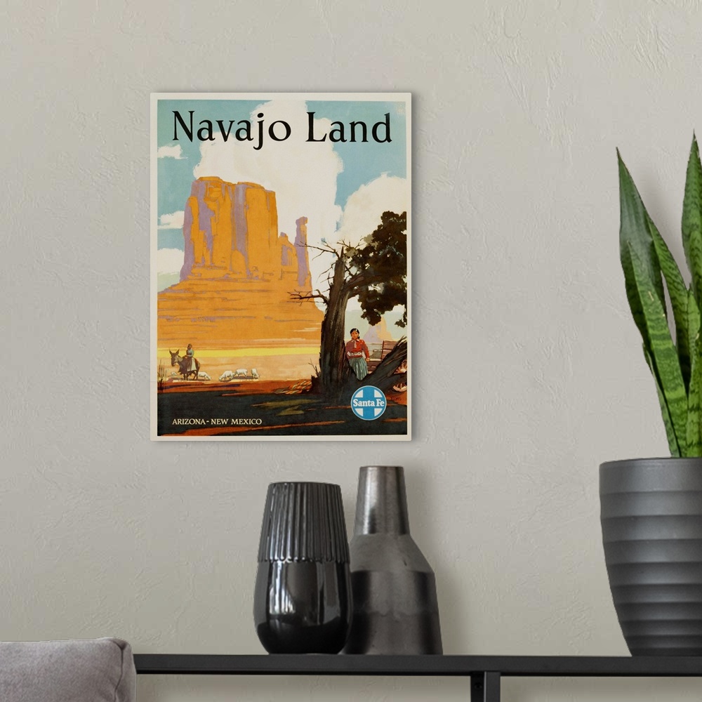 A modern room featuring Navajo Land Santa Fe Railway Poster
