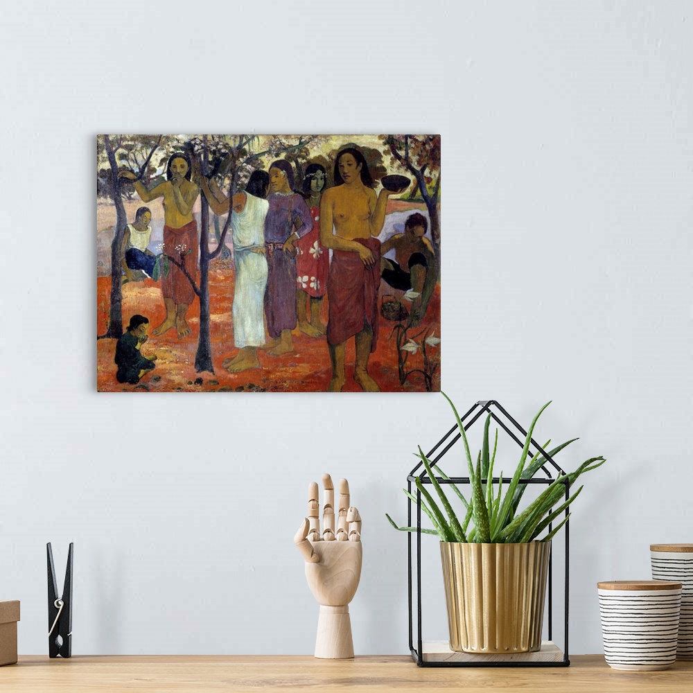 A bohemian room featuring Nave Nave Mahana also known as "Delicious Day". A group of Tahitian women in a garden. Painting b...