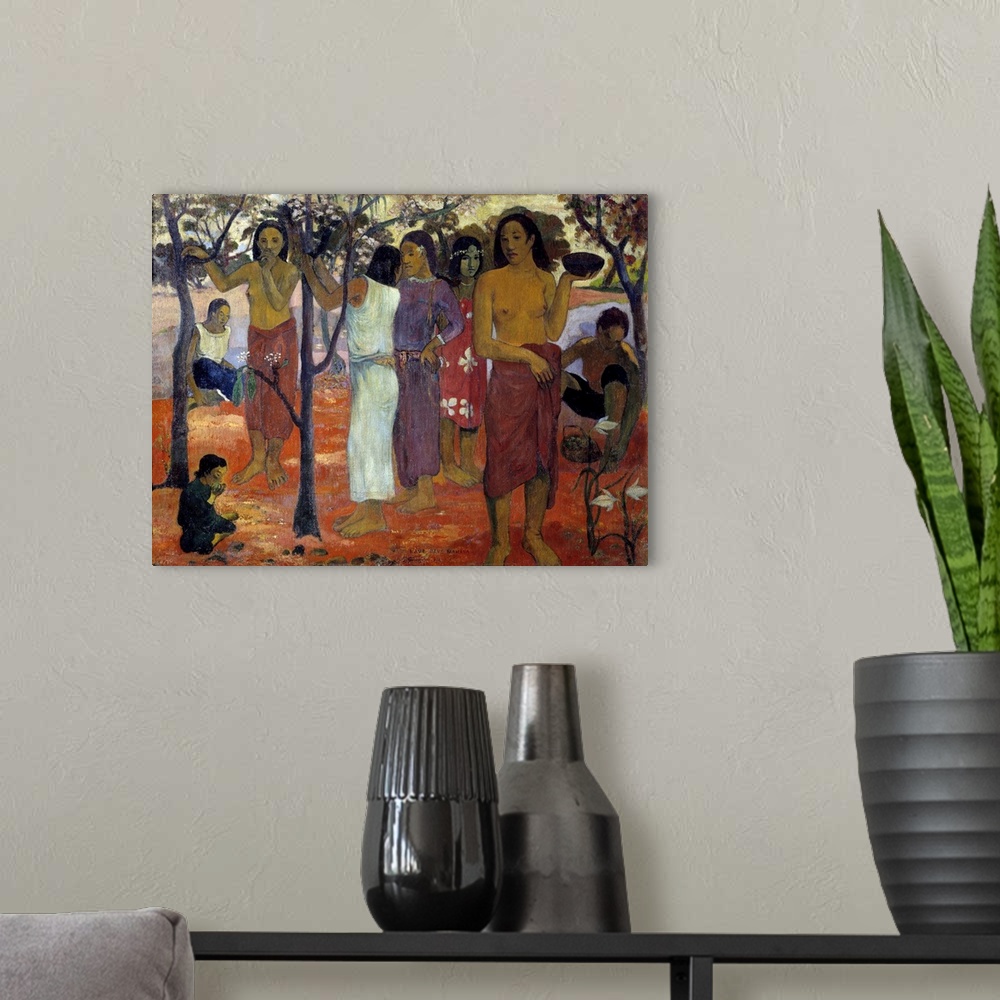 A modern room featuring Nave Nave Mahana also known as "Delicious Day". A group of Tahitian women in a garden. Painting b...