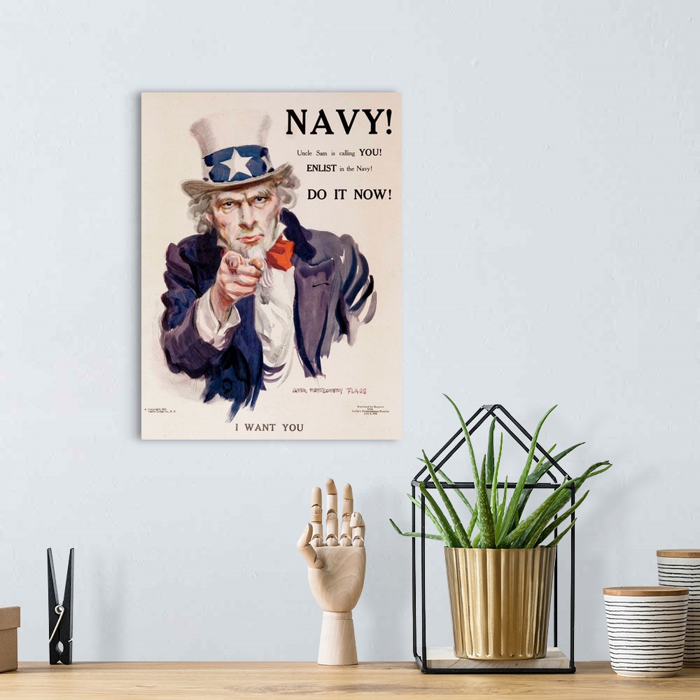 A bohemian room featuring 1917 World War One Navy Recruiting Poster, Uncle Sam, in red white and blue clothing, points at t...
