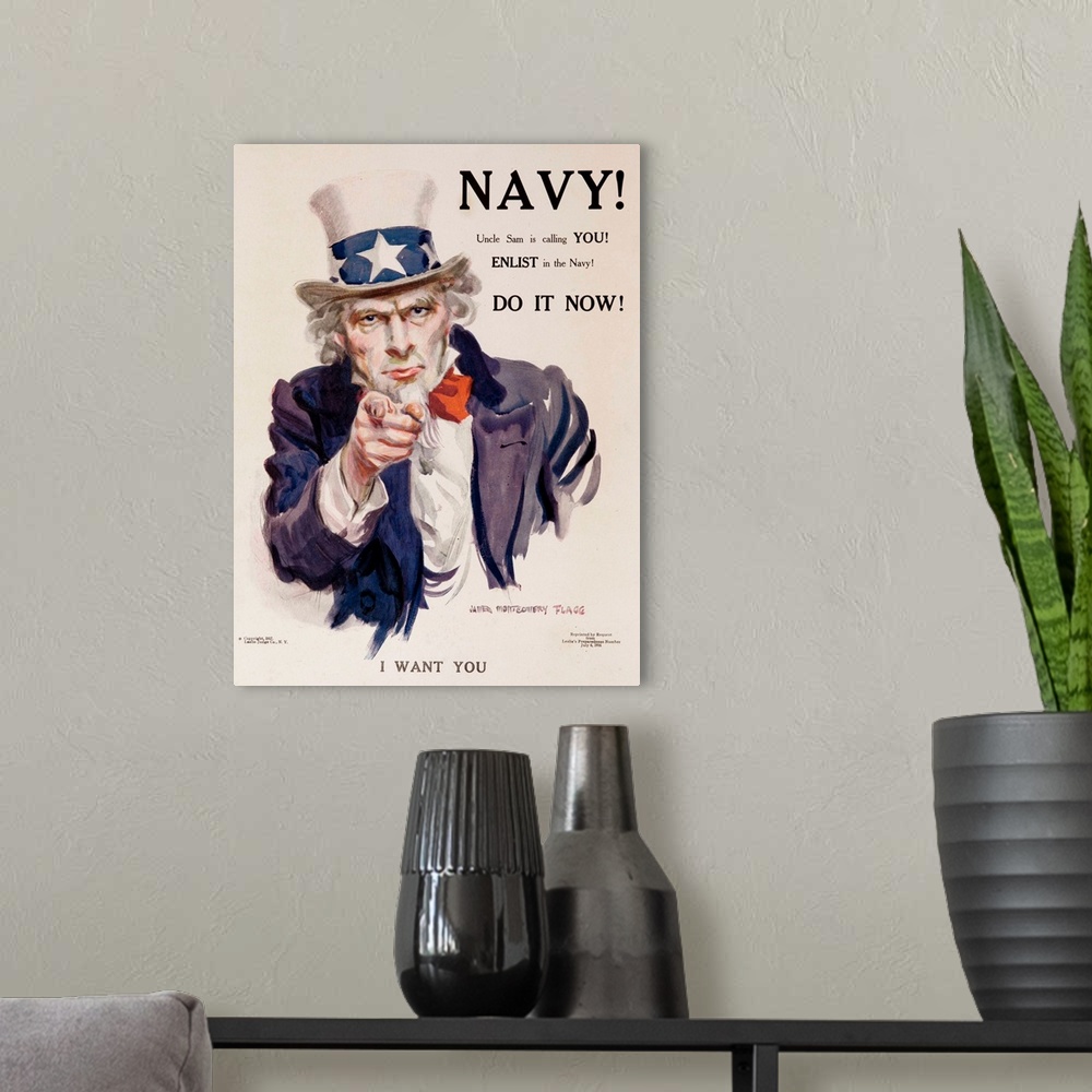 A modern room featuring 1917 World War One Navy Recruiting Poster, Uncle Sam, in red white and blue clothing, points at t...