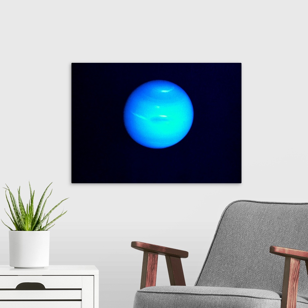 A modern room featuring Neptune, dynamic blue-green atmosphere