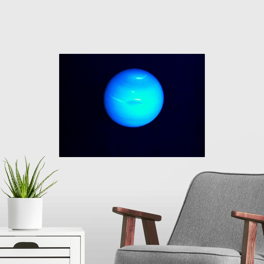 A modern room featuring Neptune, dynamic blue-green atmosphere