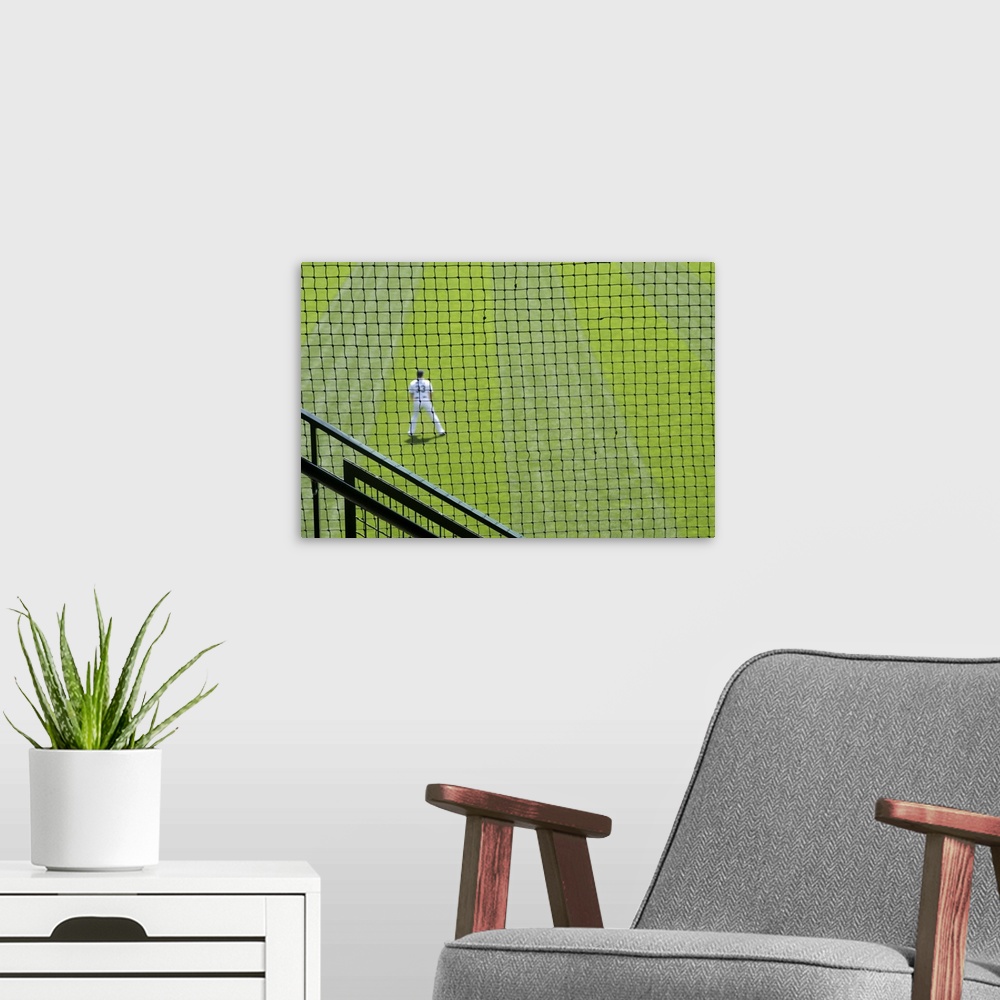 A modern room featuring Netting with baseball player on green grass.
