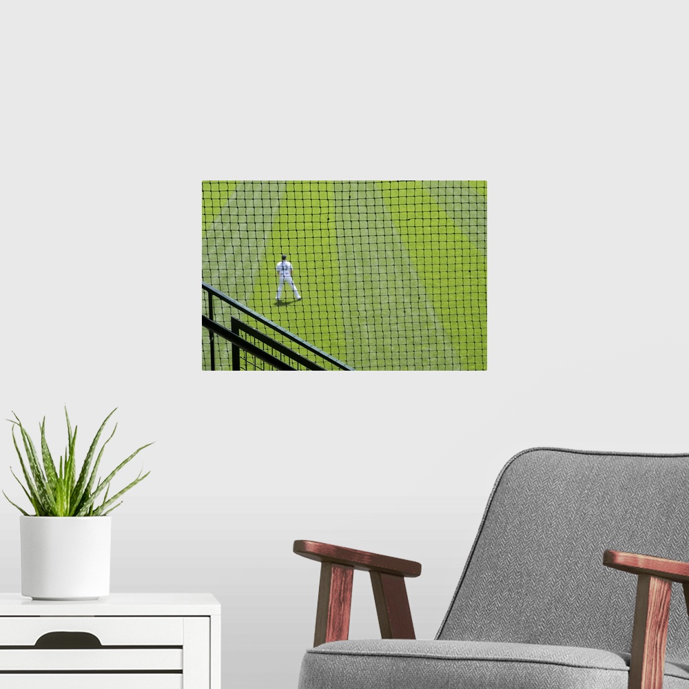 A modern room featuring Netting with baseball player on green grass.