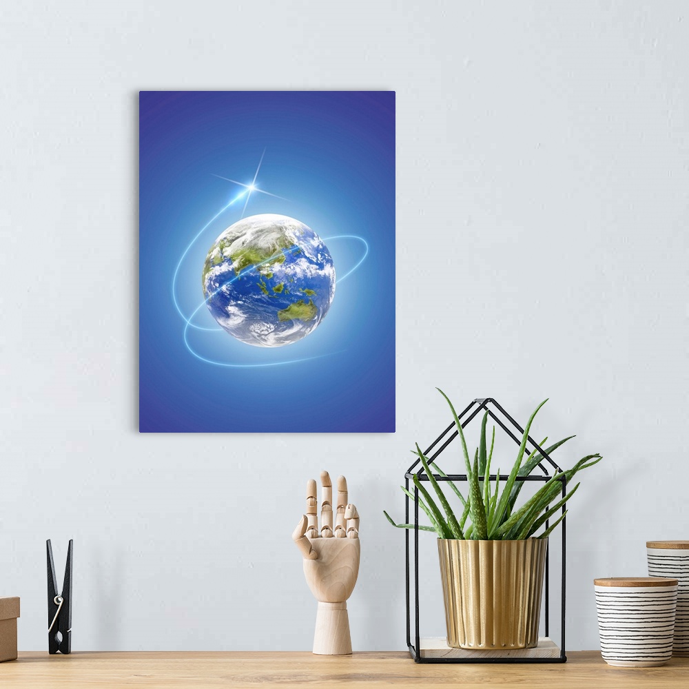 A bohemian room featuring Network light surrounding the earth, computer graphic, blue background