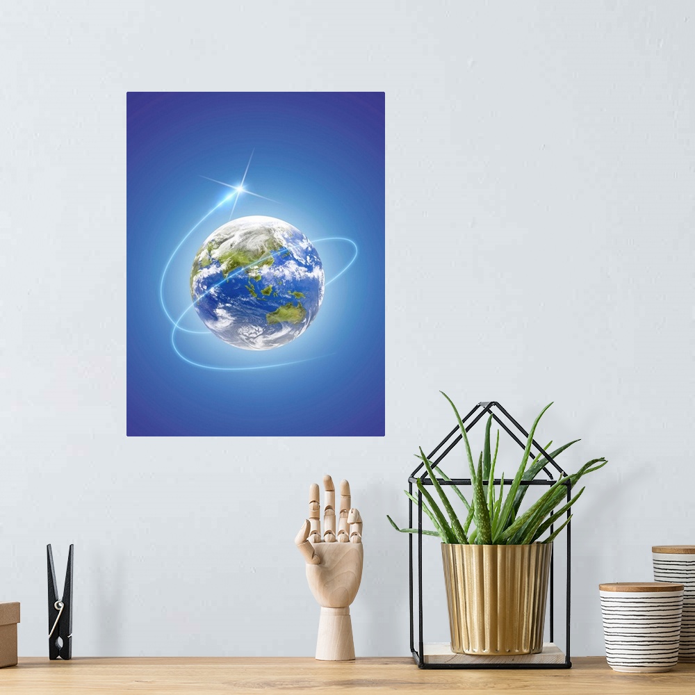 A bohemian room featuring Network light surrounding the earth, computer graphic, blue background