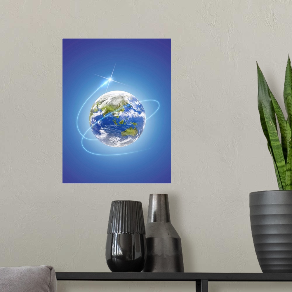 A modern room featuring Network light surrounding the earth, computer graphic, blue background
