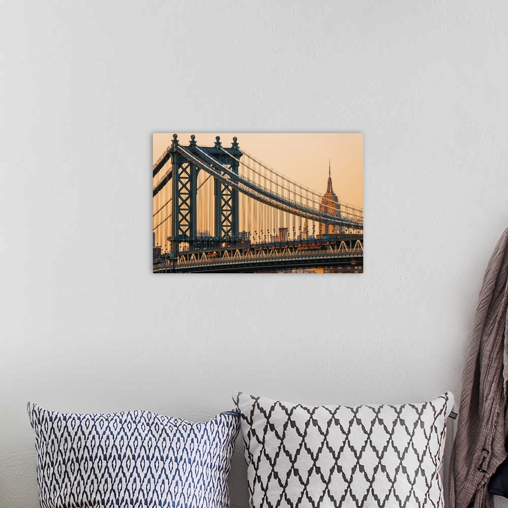 A bohemian room featuring USA, New York City, Manhattan Bridge with Empire State Building