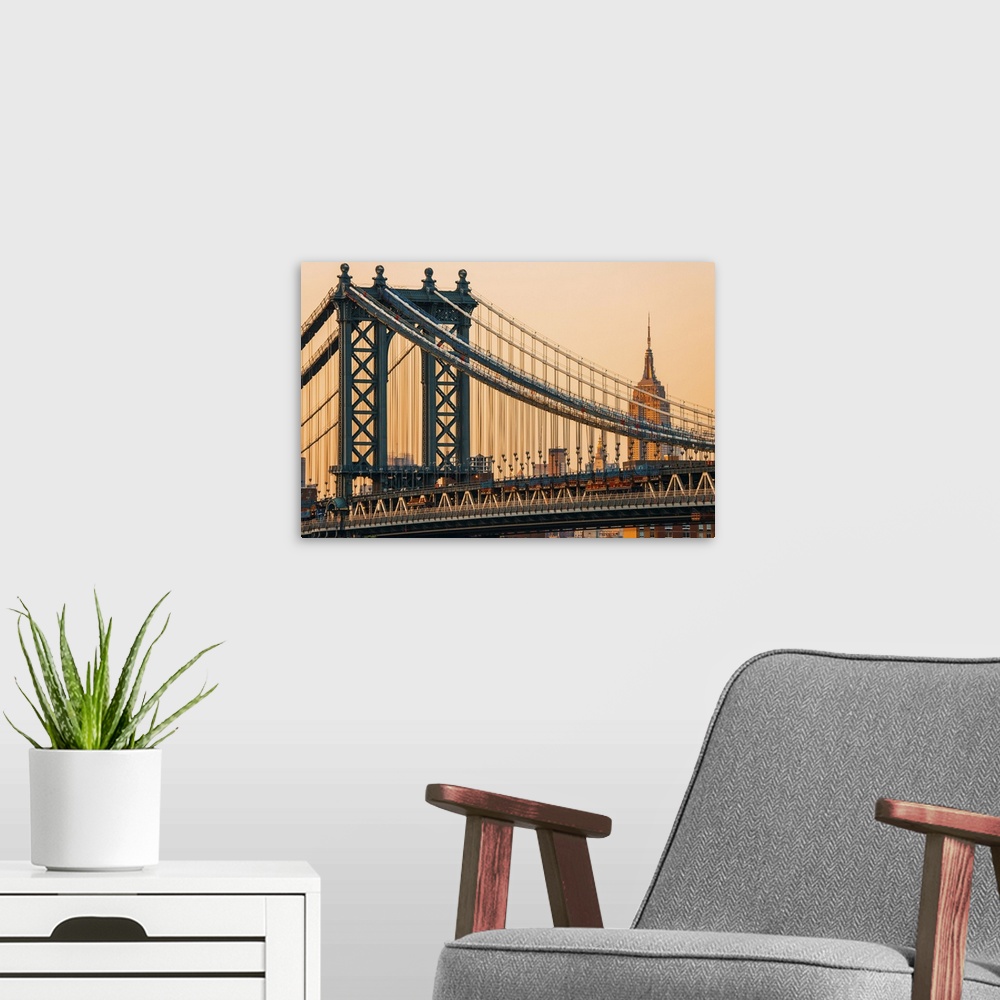 A modern room featuring USA, New York City, Manhattan Bridge with Empire State Building