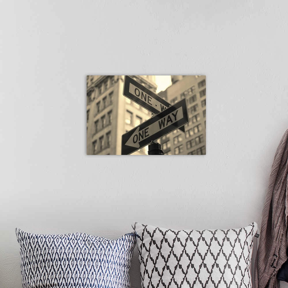 A bohemian room featuring New York City with traffic signs.
