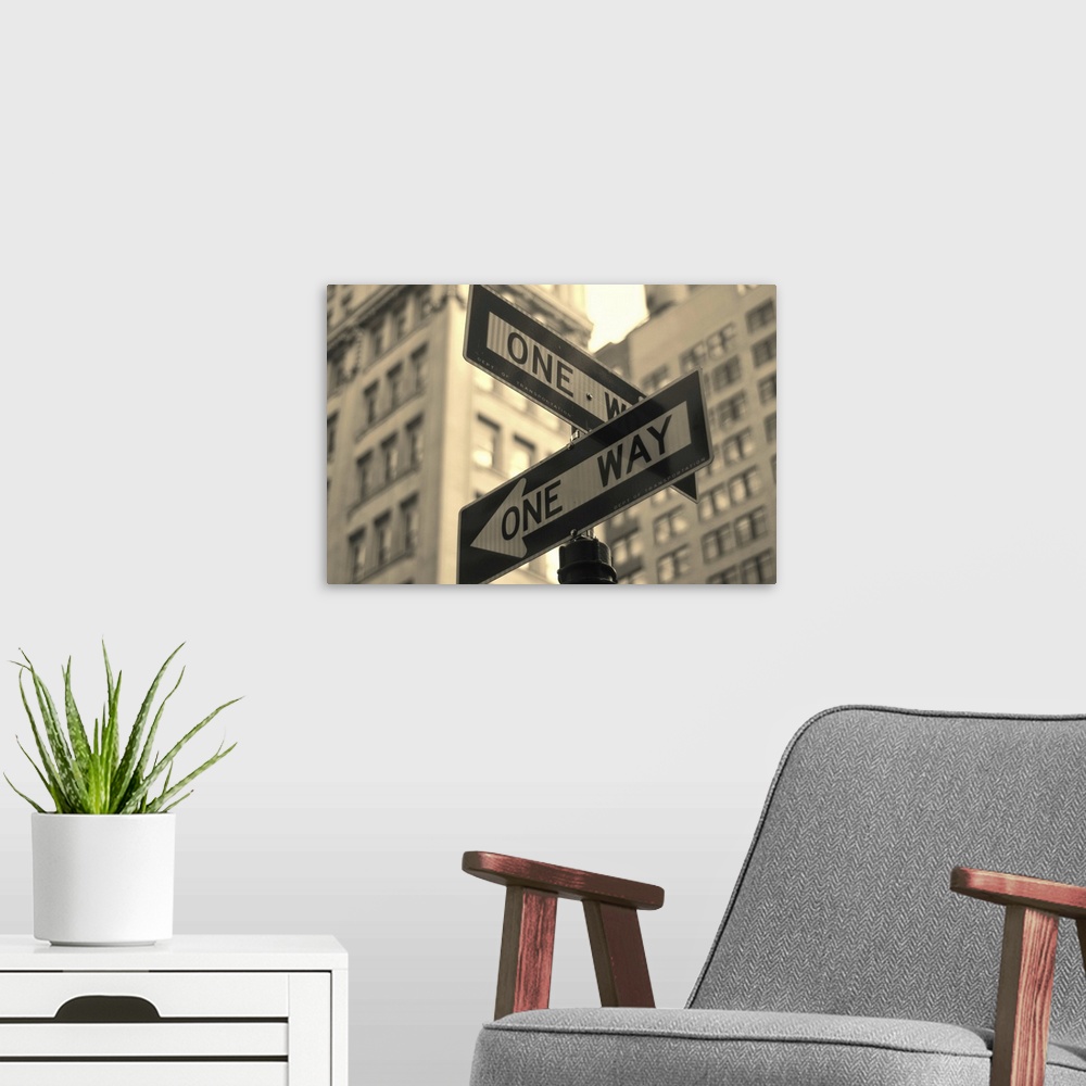 A modern room featuring New York City with traffic signs.