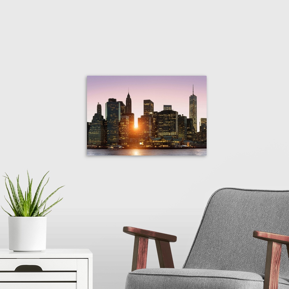 A modern room featuring New York, Skyline of Manhattan at Dusk