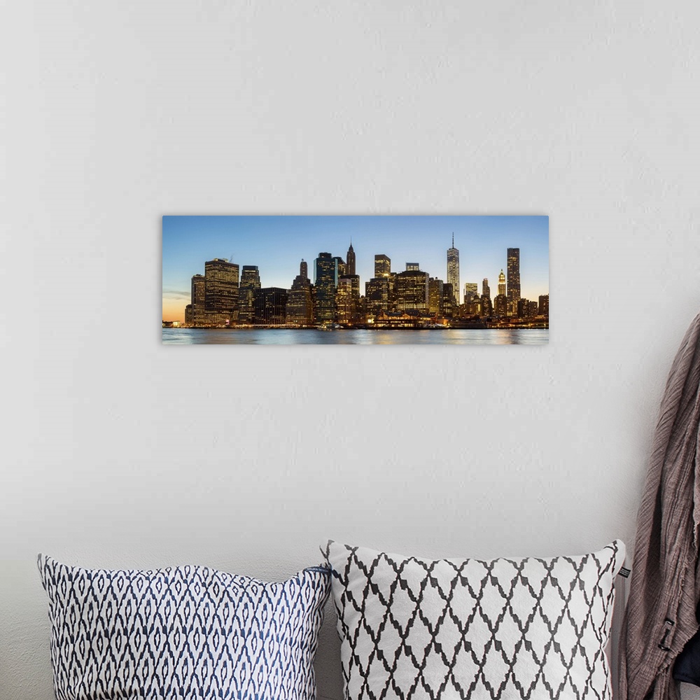 A bohemian room featuring New York, Skyline of Manhattan at Dusk