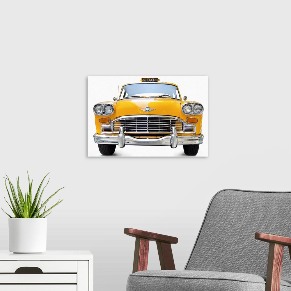 A modern room featuring New York taxi antique taxi