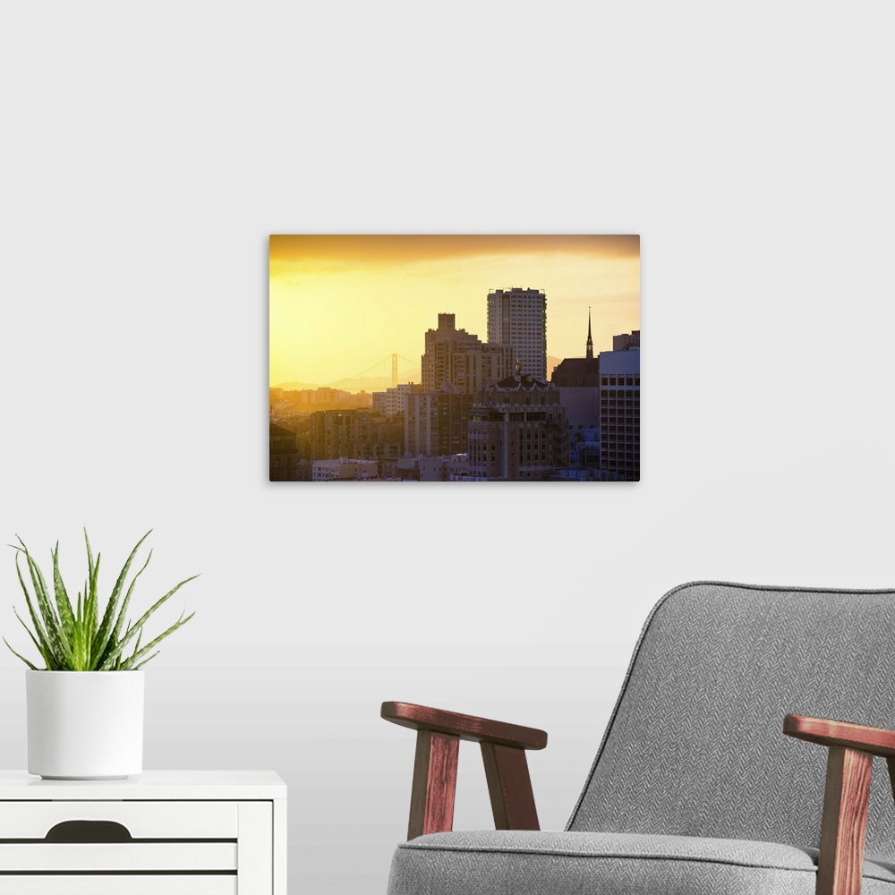 A modern room featuring Nob Hill and Downtown San Francisco with the Golden Gate Bridge in the background as seen from th...
