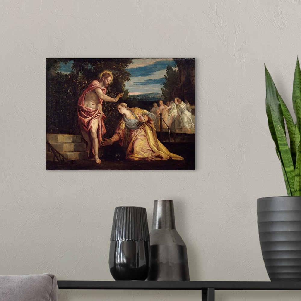 A modern room featuring Christ appearing to Mary Magdalene (Noli Me Tangere). Painting by Paolo Veronese (1528-1588). 0,6...