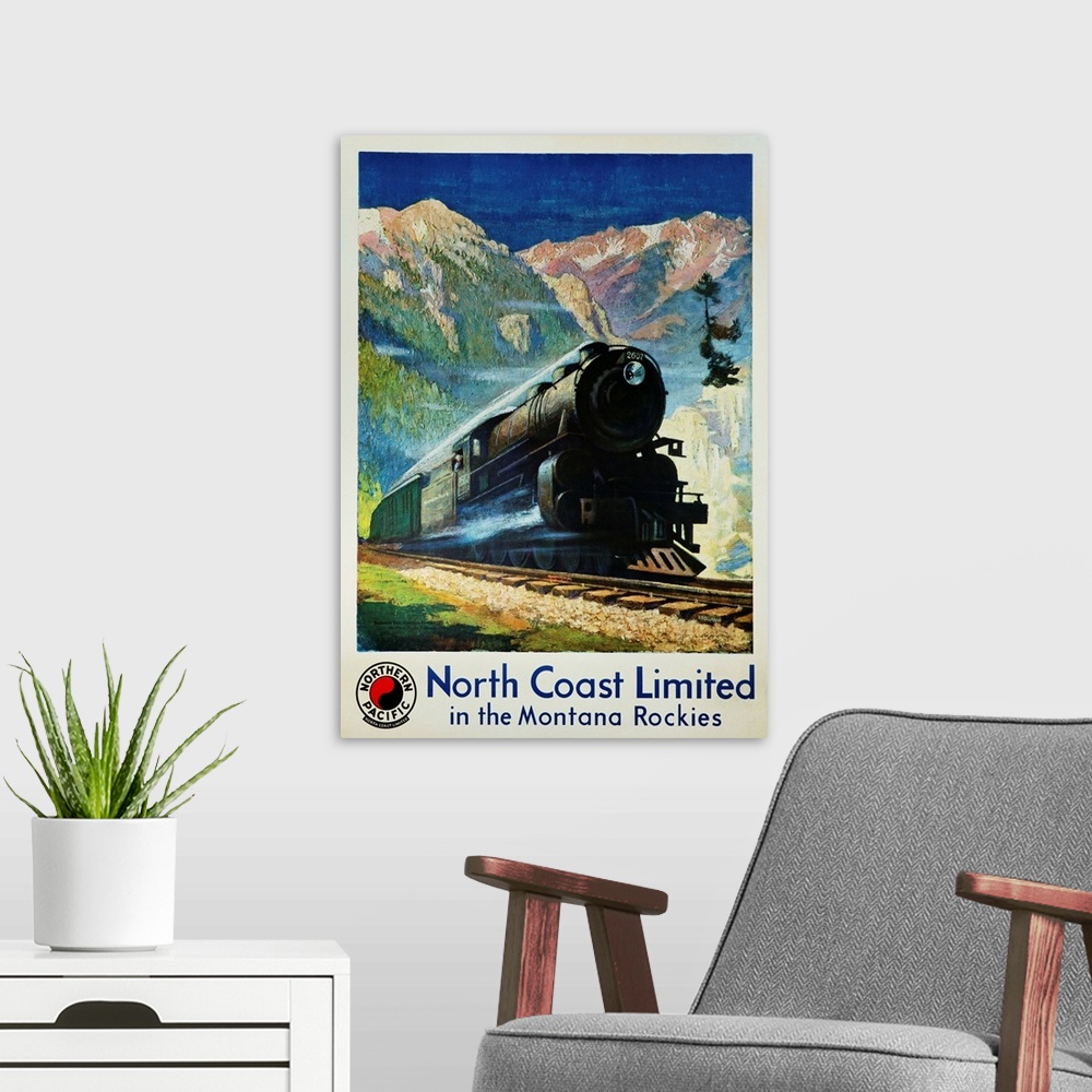 A modern room featuring North Coast Limited In The Montana Rockies Poster By Gustav Krollmann