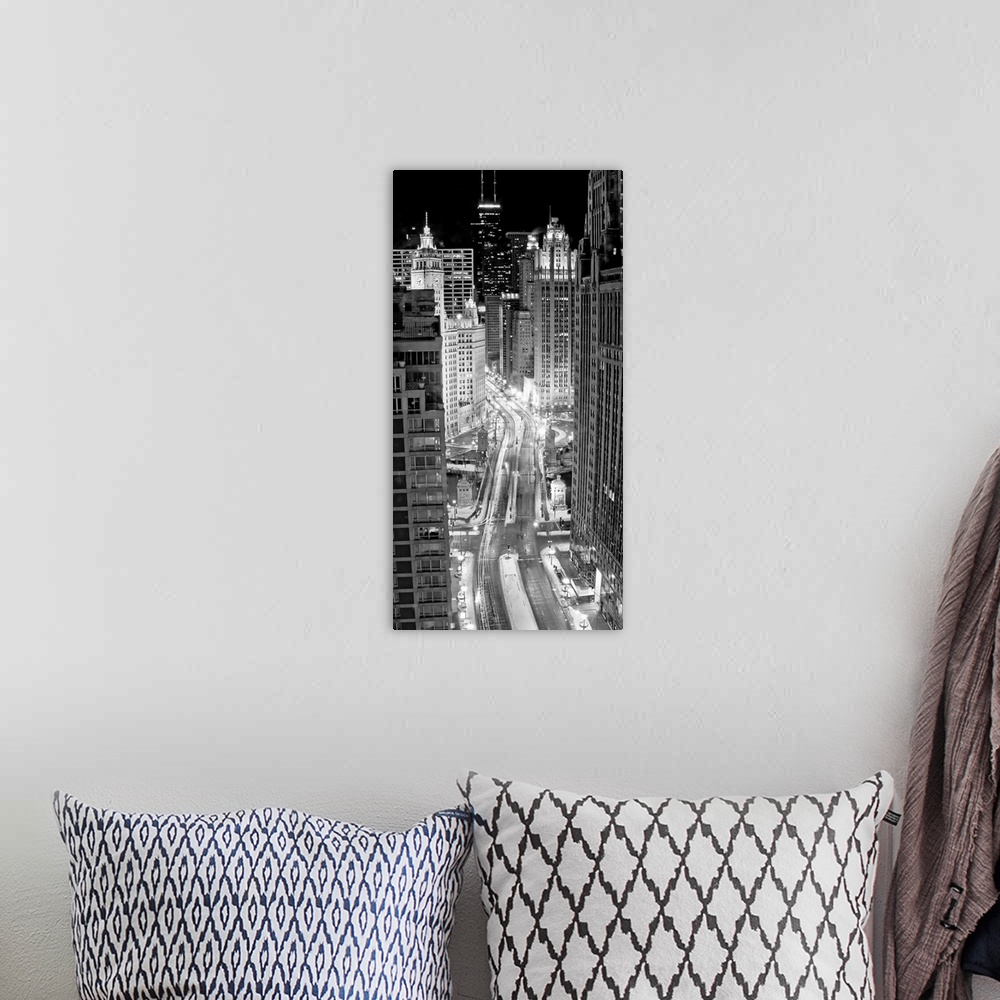 A bohemian room featuring Panoramic monochromatic photographic from an aerial view looking through the downtown streets of ...