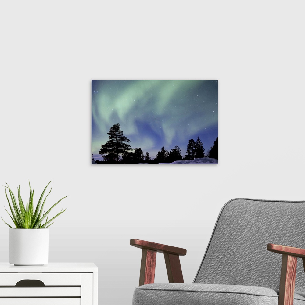 A modern room featuring Northern lights over Taiga forest in Arctic Finland.